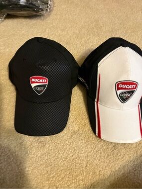 New authentic set of 2Ducati Corse Baseball Caps - Black and White with Red Trim
